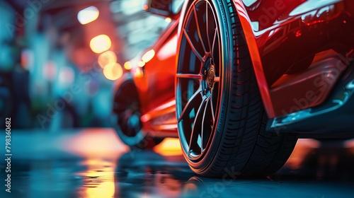 Sports car rims showcased with moody shadow contrasts. photo