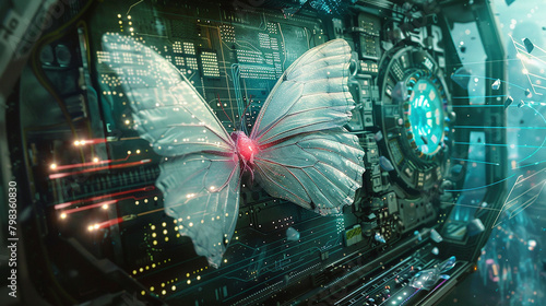 Within the circuitry of a futuristic spacecraft, a holographic butterfly flutters, its delicate form a reminder of the natural world left behind in the pursuit of technological advancement. photo