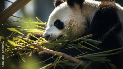 A close-up shot of a fluffy panda munching on bamboo shoots  its black and white fur perfectly highlighted under the soft sunlight. 