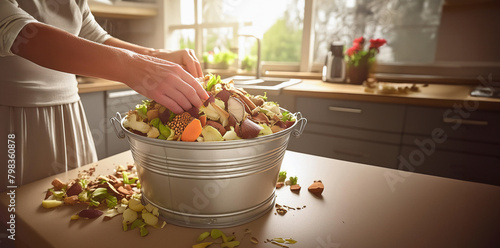 Illustration of a woman in a kitchen counter with home compost bin filled with a variety of kitchen scraps, including fruit and vegetable scraps, promoting sustainable waste management. Generative AI