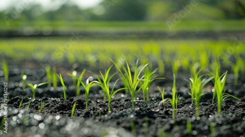 Rice seedlings being nurtured in the field prior to cultivation photo