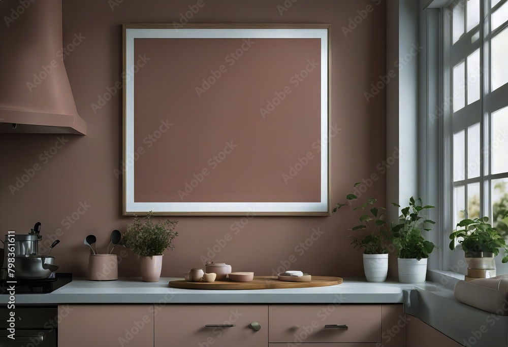 Fototapeta premium pastel pink interior kitchen poster frame render Mock 3d