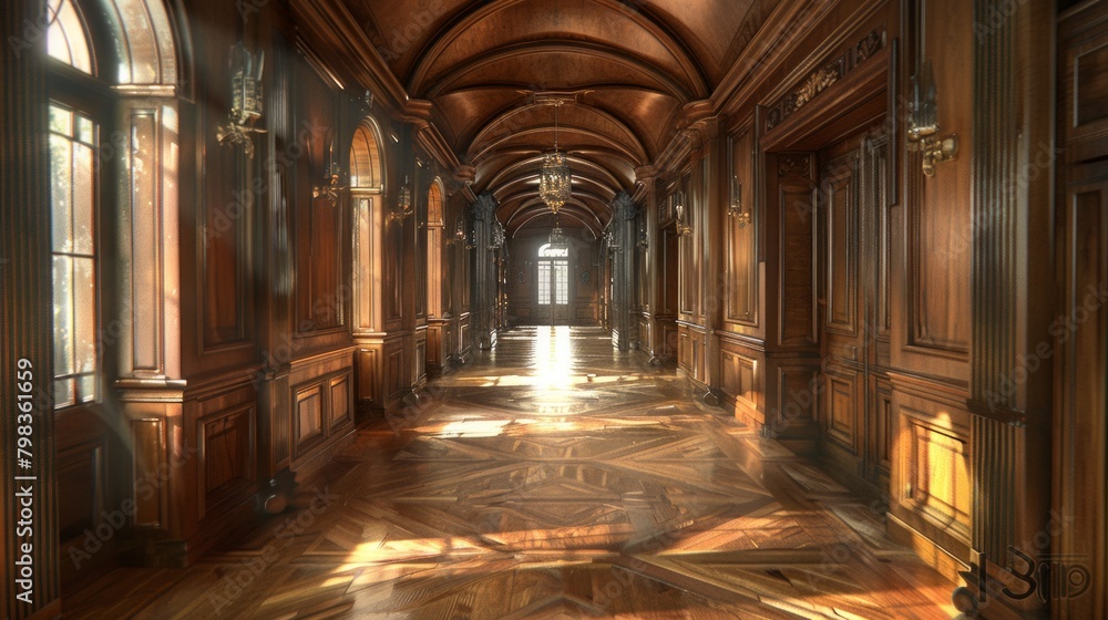 Depict a warm wooden interior passageway within an old-style architectural setting Depict a warm wooden interior passageway within an old-style architectural setting