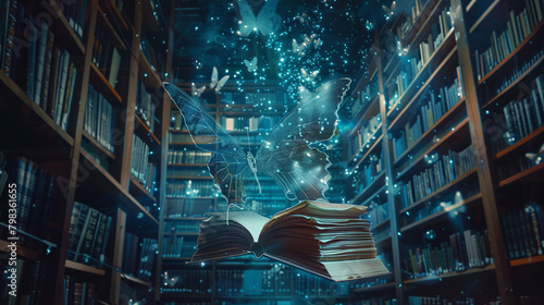 Deep within the digital archives of a virtual library, a holographic butterfly emerges, its presence a whimsical anomaly amidst the sea of information. photo