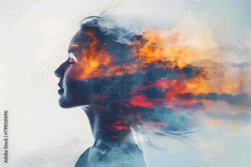 a side profile of a person s head blending into an abstract landscape of fiery clouds and smoky textures  reflecting a mind filled with intense thoughts  emotions  and perhaps turmoil