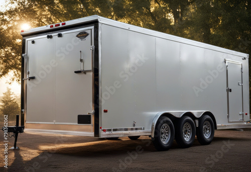 trailer enclosed hitch store haul personal commercial painter contractor security tight white isolated attach automobile freight load uproot wheel relocate move photo
