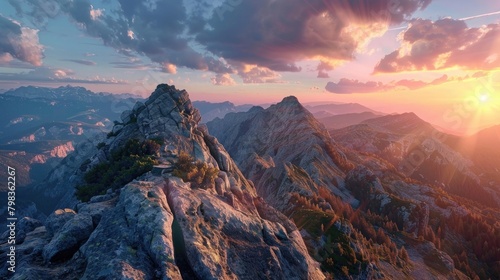 Envision a scene where a pair of binoculars is strategically positioned on the summit of a rocky mountain during the sunset