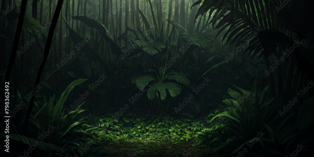 Wild jungle in night. Scary thicket of the rainforest. Dark tropical forest with exotic plants, palm trees, big leaves and ferns. Green vegetation illuminated by moonlight.