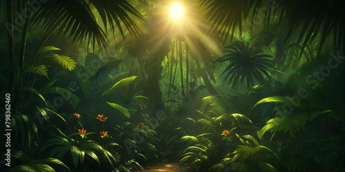 Jungle on a sunny day. Beautiful tropical forest with exotic plants  flowers  palm trees  big leaves and ferns. Thicket of the rainforest. Bright sun  sunbeams through the foliage.