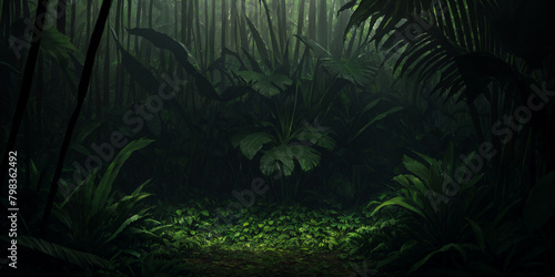 Wild jungle in night. Scary thicket of the rainforest. Dark tropical forest with exotic plants  palm trees  big leaves and ferns. Green vegetation illuminated by moonlight.