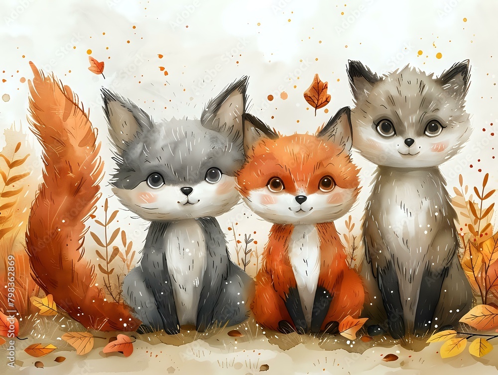 Fototapeta premium Cute and Friendly Stylized Fox and Wolf Quartet