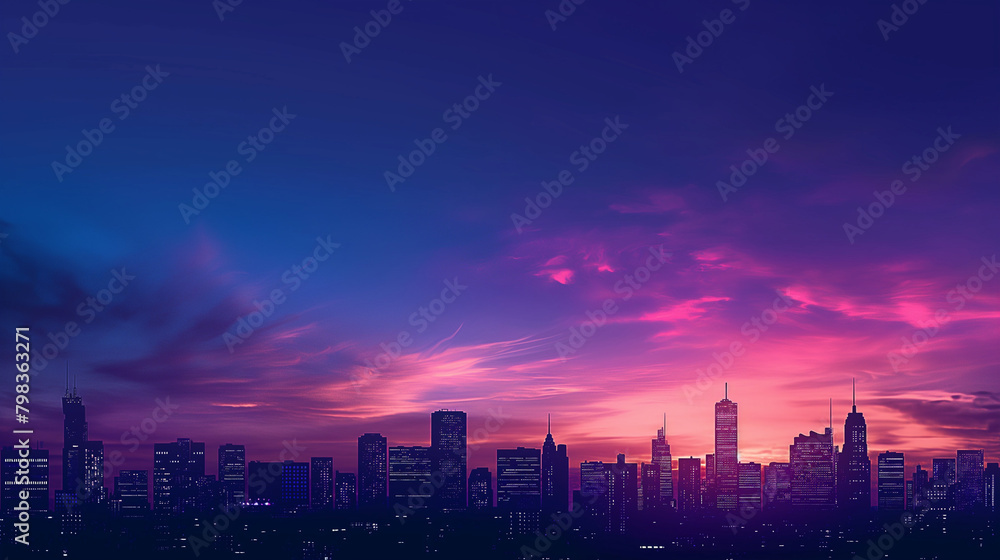 City skyline under a twilight sky, Buildings silhouetted against a backdrop of deep blue and magenta, composition from a high vantage point, urban lights starting to twinkle as night falls