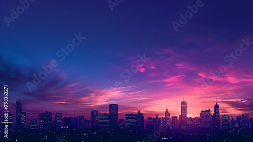 City skyline under a twilight sky  Buildings silhouetted against a backdrop of deep blue and magenta  composition from a high vantage point  urban lights starting to twinkle as night falls