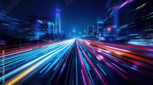 High speed road with motion blur light streaks in city. Generate AI image