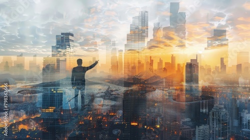 Envision a scene where a male engineer takes a leadership stance  pointing at construction site buildings  juxtaposed with a double exposure of a modern city skyline