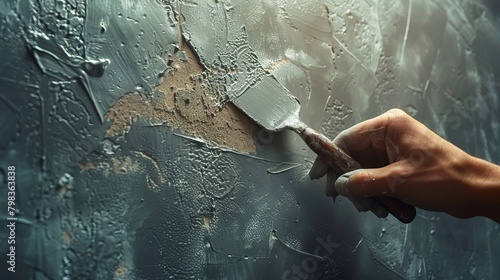 Hand applying smooth plaster to a wall with a metal spatula. photo