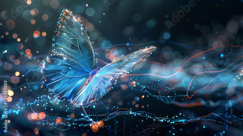 Against a backdrop of swirling data visualizations  a holographic butterfly flits  its wings leaving traces of light as it explores the digital landscape of information.
