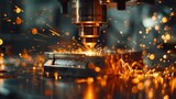 Precision metalworking with sparks flying from CNC machine.
