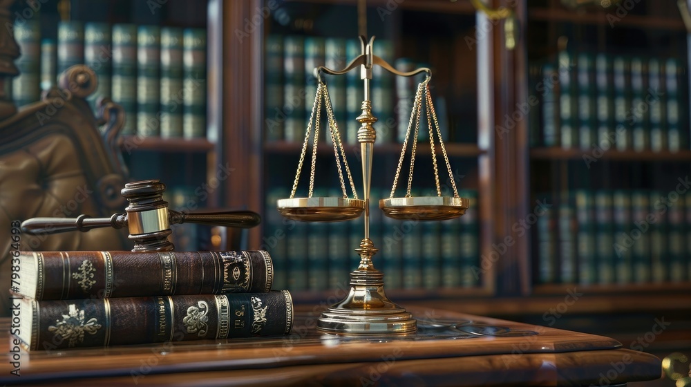 Envision a scene where the balance of law is established with the prominent display of golden scales, a gavel, and law books