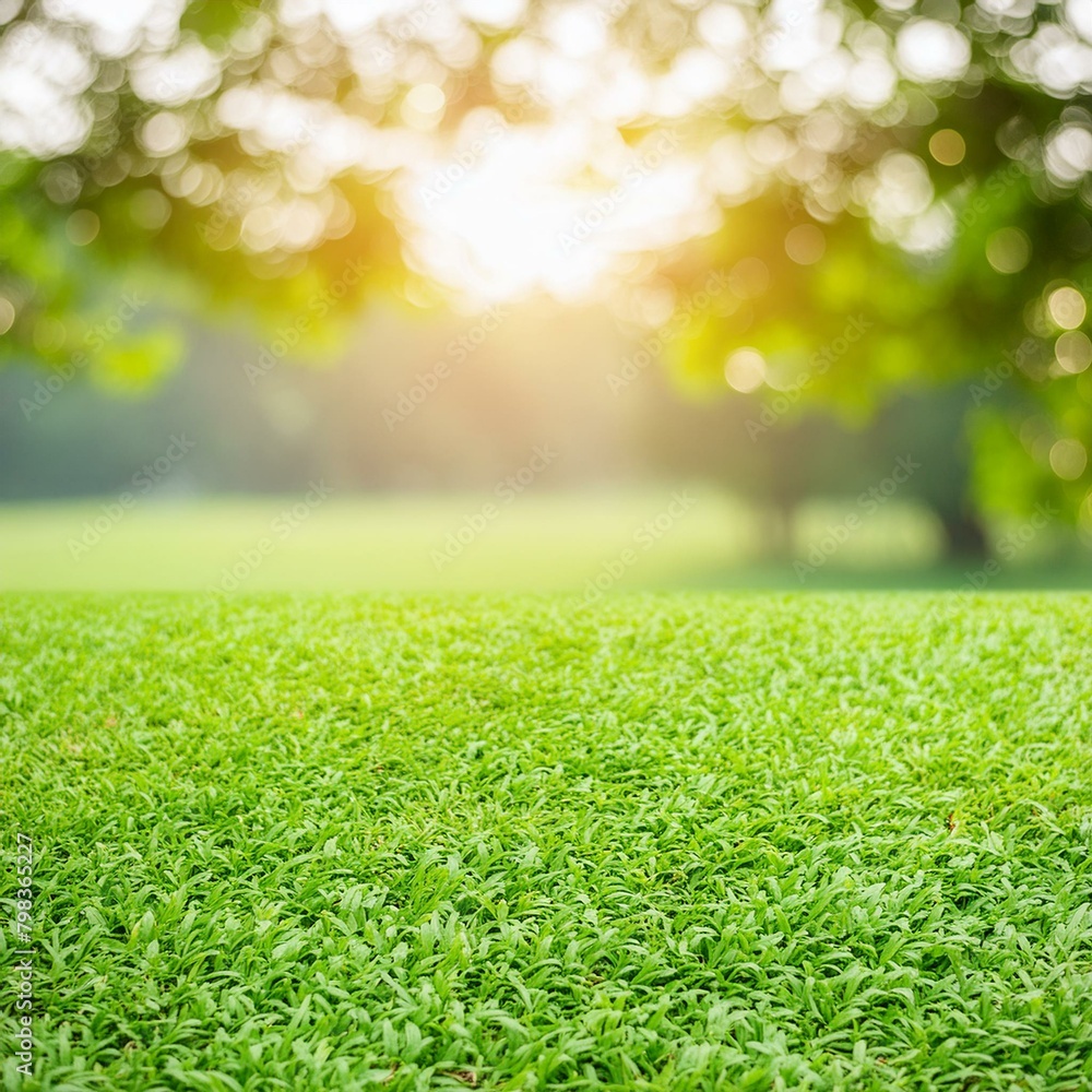 Naklejka premium natural grass field background with blurred bokeh and sun
