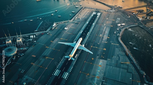 Envision an airport convergence where an aircraft carrier, positioned on the runway, is seen from an aerial perspective