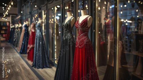 Elegant evening gowns on mannequins in a chic boutique display. © Lifia
