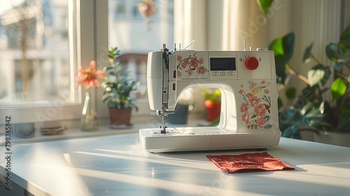 Image of Sewing machine on the white table in fron of the window. photo