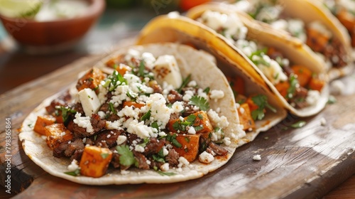 Enjoy flavorful Mexican tacos filled with a delicious combination of meat sweet potatoes and cotija cheese
