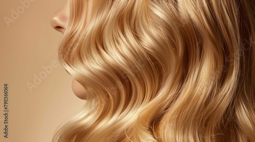Luscious wavy blonde hairstyle showcased in a clean studio setting.
