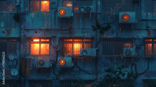 Moody urban facade with air conditioners and warm lit windows.