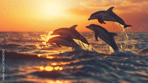As the sun sets over the ocean a pod of dolphin silhouettes can be seen leaping out of the water in the distance..