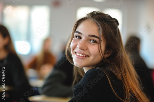 Portrait of beautiful smiling female student sitting in the class. Generate AI image