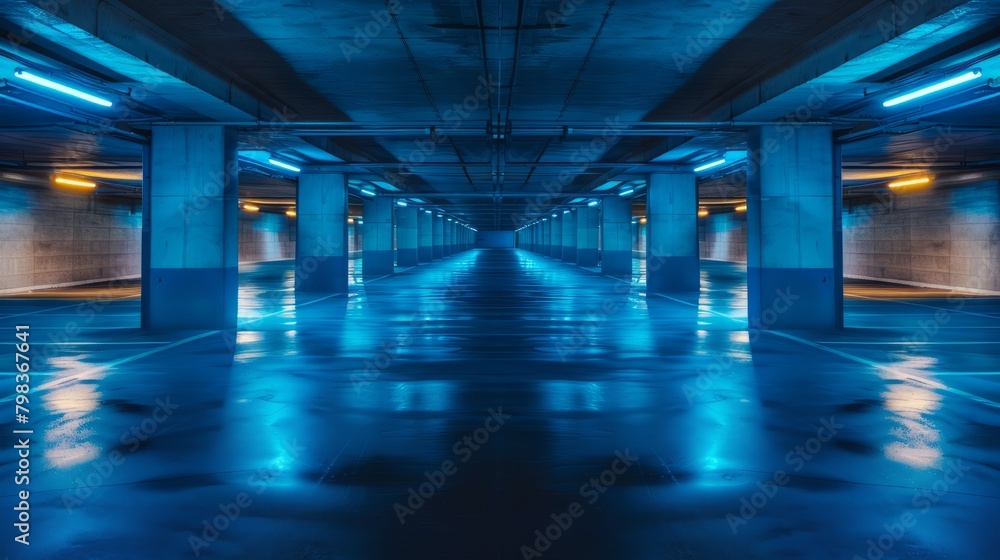 Fototapeta premium Empty parking garage with cool blue lighting and concrete pillars.