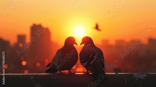 Pair of pigeons on rooftop at sunrise with city skyline.