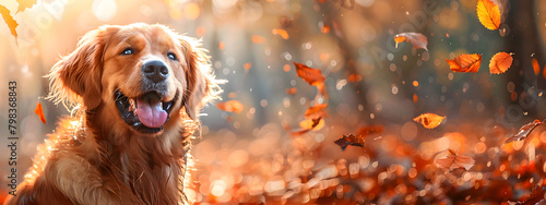Happy golden retriever dog enjoying autumn nature, suitable for web banners and fall care advice for dogs. photo
