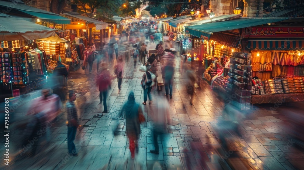 A blurred sea of colors fills the frame as the dimming light of the evening transforms the market into a mystical and enchanting wonderland. .