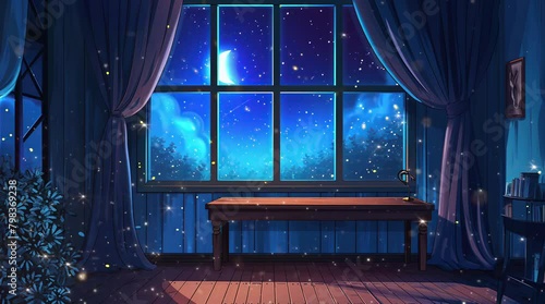 Fantasy night scene in a room with a half-moon shining through the window. Enchanting atmosphere.
Seamless looping 4k time-lapse virtual video animation background. Generated AI photo