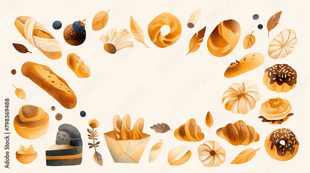 vintage illustration of Baked pastries, in muted colors， in the style of vintage naturalist illustrations.
