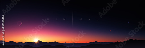 Beautiful panoramic view of sunrise or sunset in the mountains. Sun setting over the horizon. Simple idyllic romantic dramatic ambient soft blurred scenic landscape background in minimal style. Vector