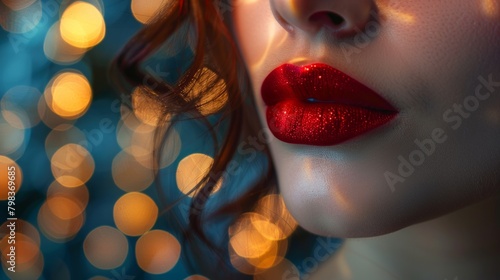 Focus on the lip color with a bokeh effect in the background to emphasize the lights.
