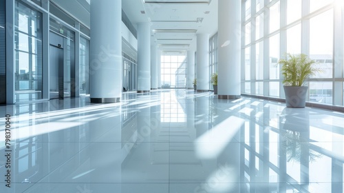 Spacious and bright office hall with reflections and soft tones.