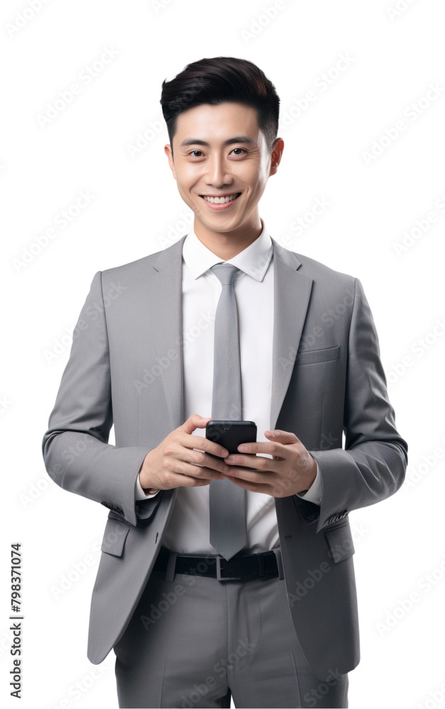 Portrait of a smiling Asian businessman holding a mobile phone, transparent, isolated on white background Portrait of a smiling Asian businessman holding a mobile phone, transparent, isolated on white background