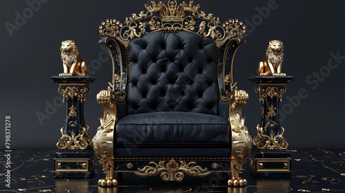 A photo of an empty, golden throne with a red cushion and black lion statues on either side.