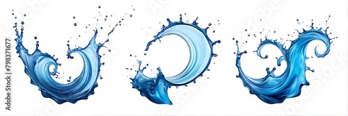  Blue water Spiral liquid splash swirl wave on white background cutout, Many assorted different design. Mockup template for artwork graphic design 