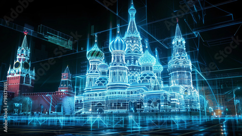 
a wireframe hologram of red square in moscow russia with glowing blue lines forming intricate patterns around its iconic structure against an isolated dark background