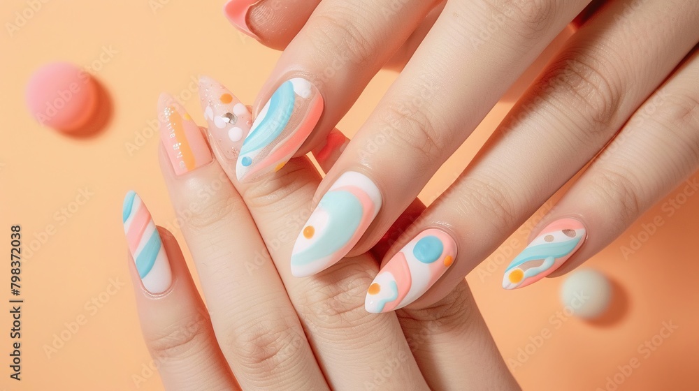 Nail art showcase Playful designs on nails with pastel pink and blue accessories, against a soft peach background Nail art showcase Playful designs on nails with pastel pink and blue accessories, against a soft peach background