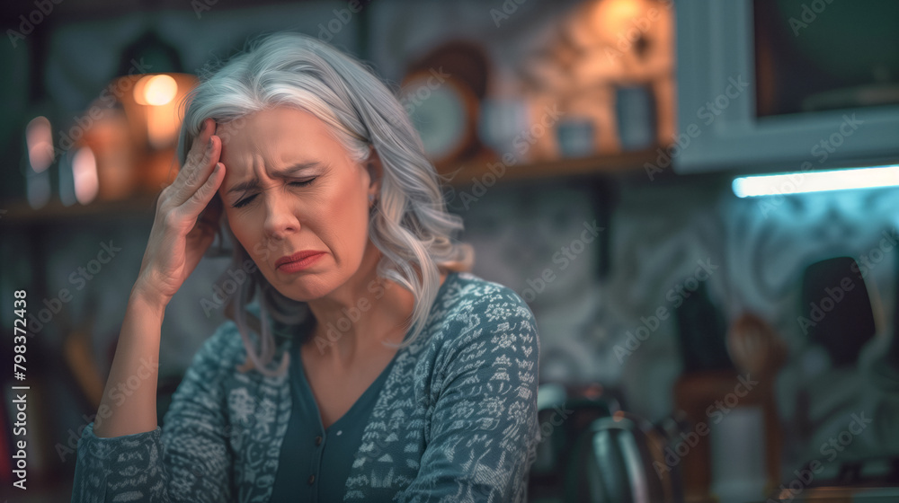 Fototapeta premium A mature woman with gray hair holds her head in her hands, a sign of distress or headache, with acute symptoms of menopause, in a domestic kitchen environment.