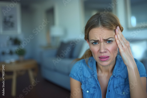 An anxious young woman with her hand on her forehead sits in the living room of her home, her eyes reflecting anxiety and work and family stress.