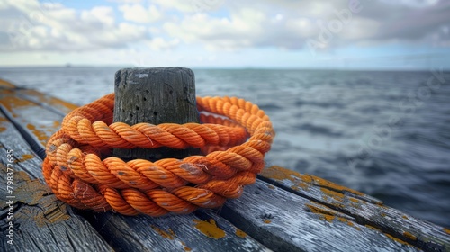 Coiled orange rope on rustic wood planks near ocean.