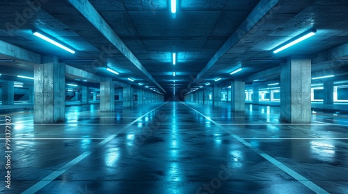 Empty parking garage with cool blue lighting and concrete pillars.